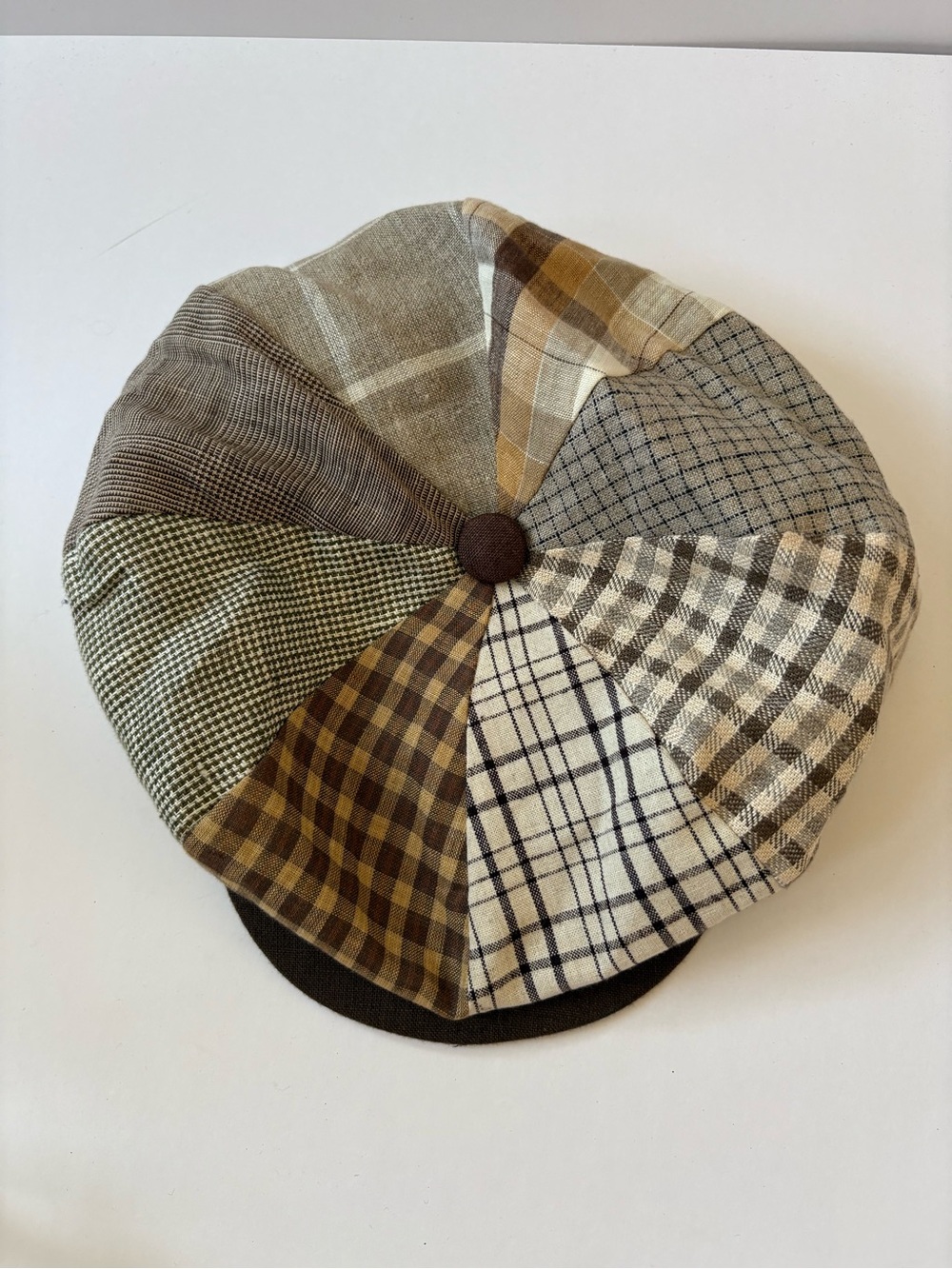 Emstate Winner Caps 8/4 Panel Linen Patchwork Hat Newsboy Brown Tan Snap Artsy - Picture 3 of 6